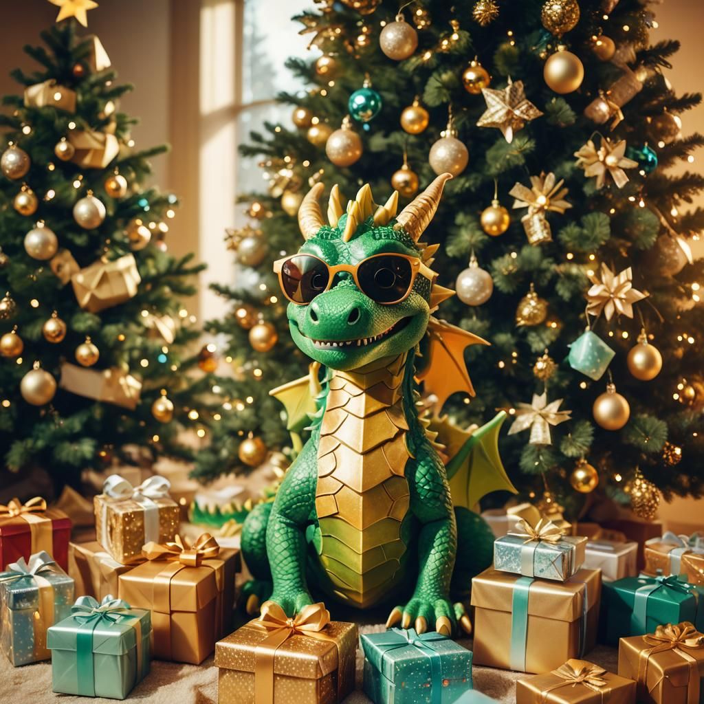Festive Green Dragon with Gifts in 3D Illustration