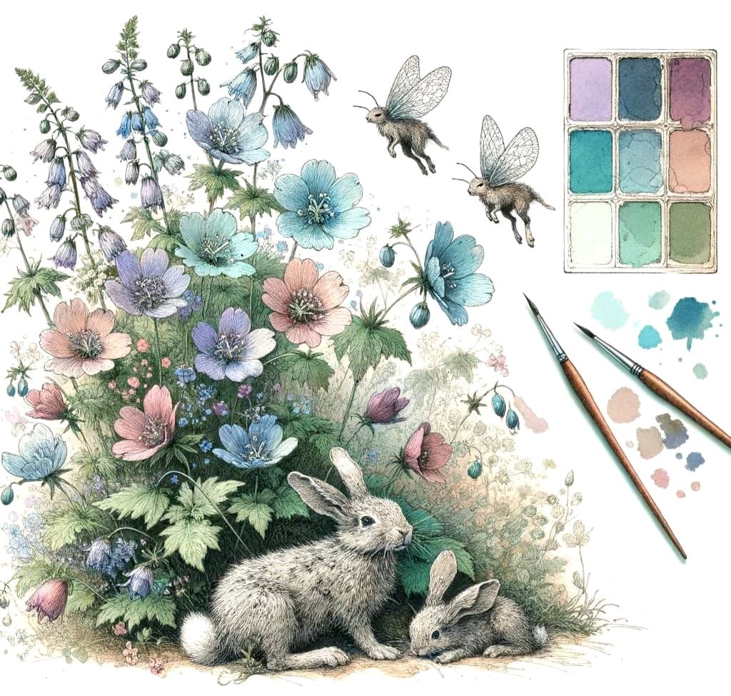 Botanical Illustration with Winged Rabbits