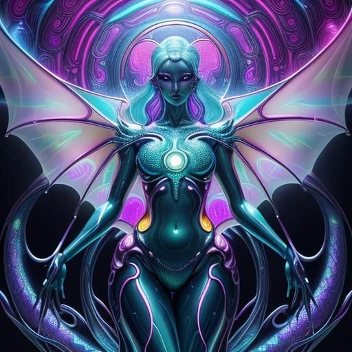 Glowing Glass Neon Woman with Dragons in Milk Bath