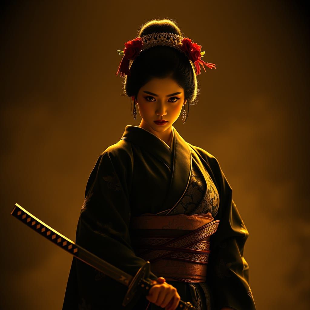 Elegant Geisha Warrior in Black Kimono and Katana Swords