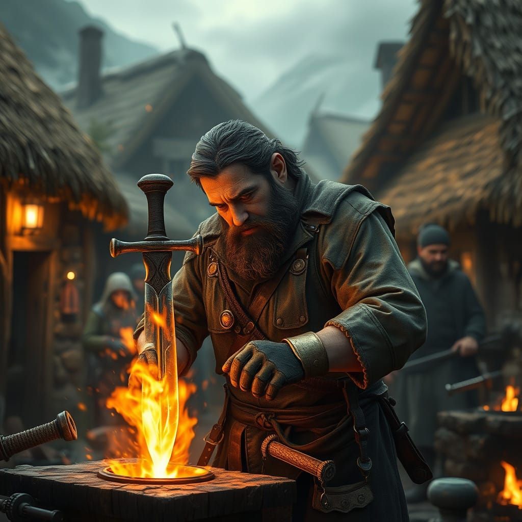 Mystical Highland Blade Forging in Vibrant 3D Anime Style