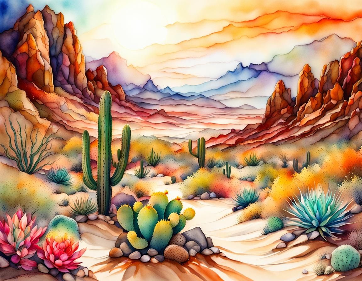 Vibrant Desert Landscape with Flowering Cactus, Alcohol Ink