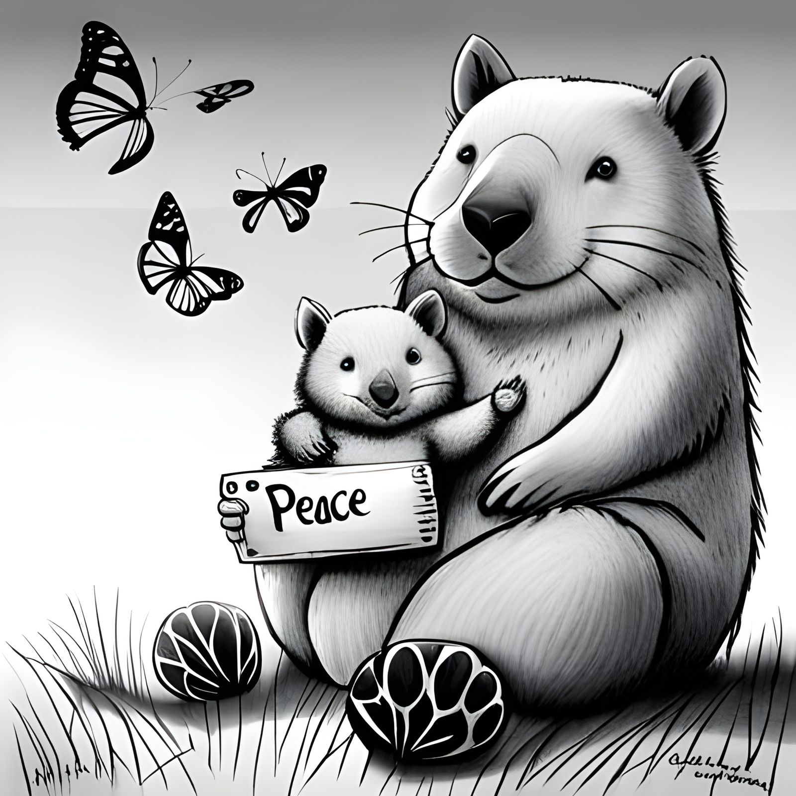 Hippie Wombat Mother and Baby with Peace Sign