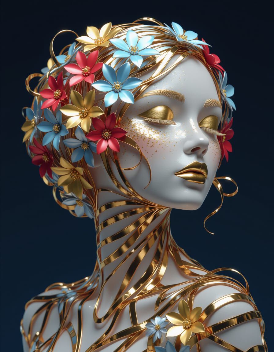 Female Figure with Floral Hair in Modular Minimalism