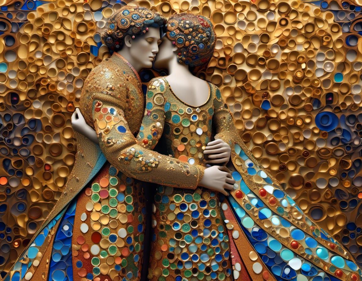 Entwined Figures in Gold Mosaic: Neo-Impressionist 3D Render