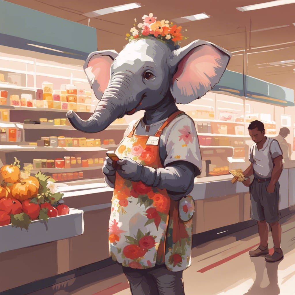 Cute Elephant Checking Socials While Working In Grocery Stor...