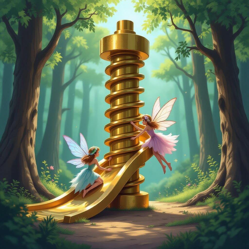 Fairy Girls Slide on Giant Golden Screw in Enchanted Forest
