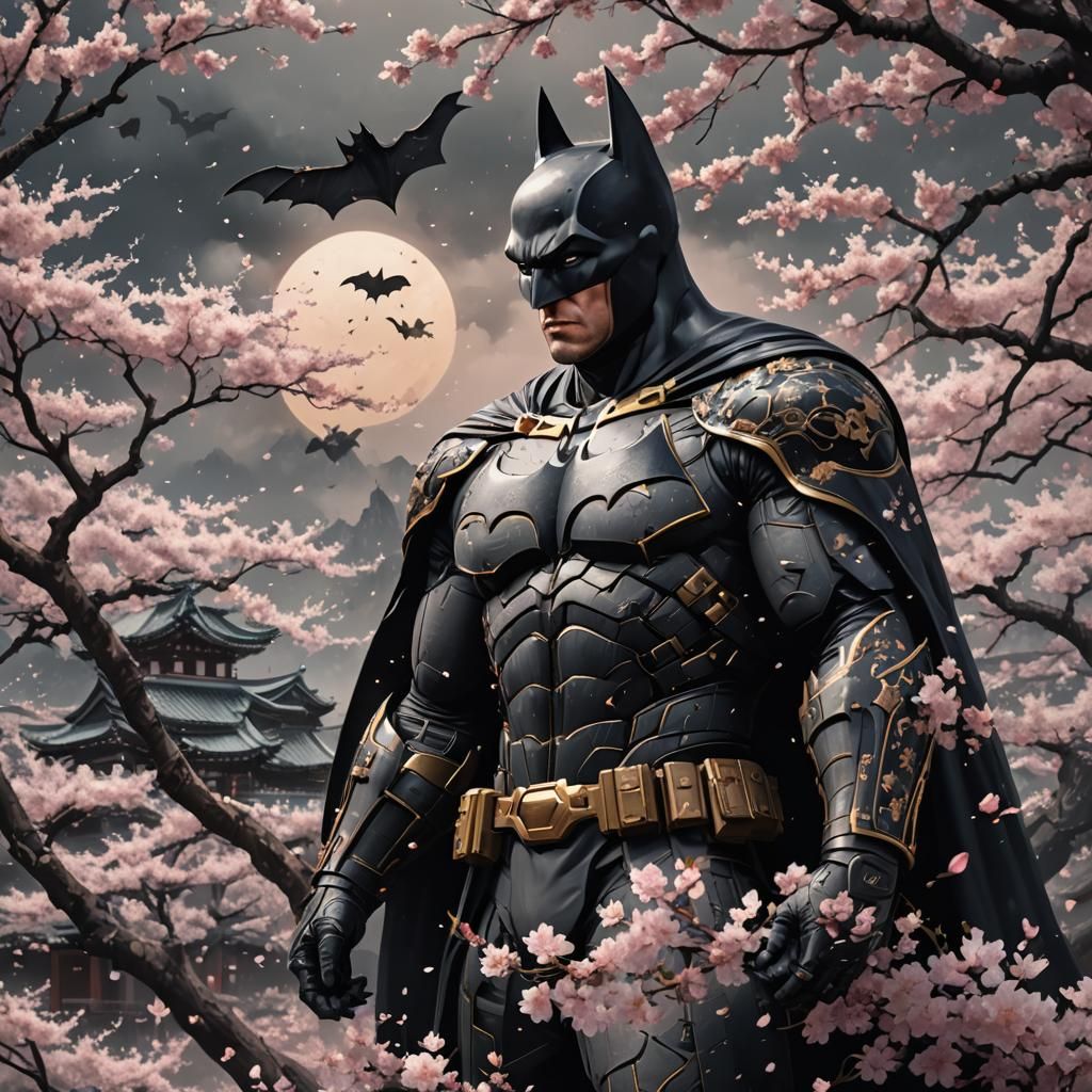 Batman in Traditional Japanese Style with Cherry Blossoms