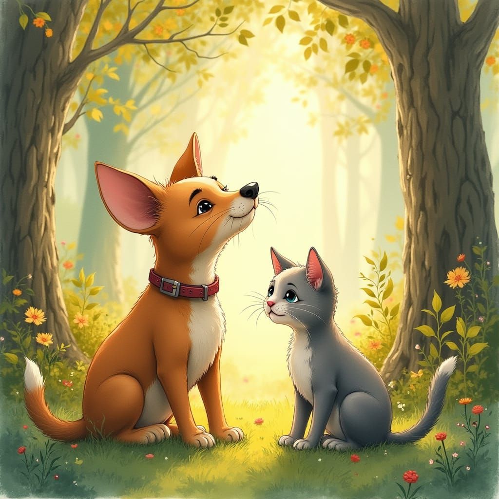 Dog and Cat in Forest, Beatrix Potter Style