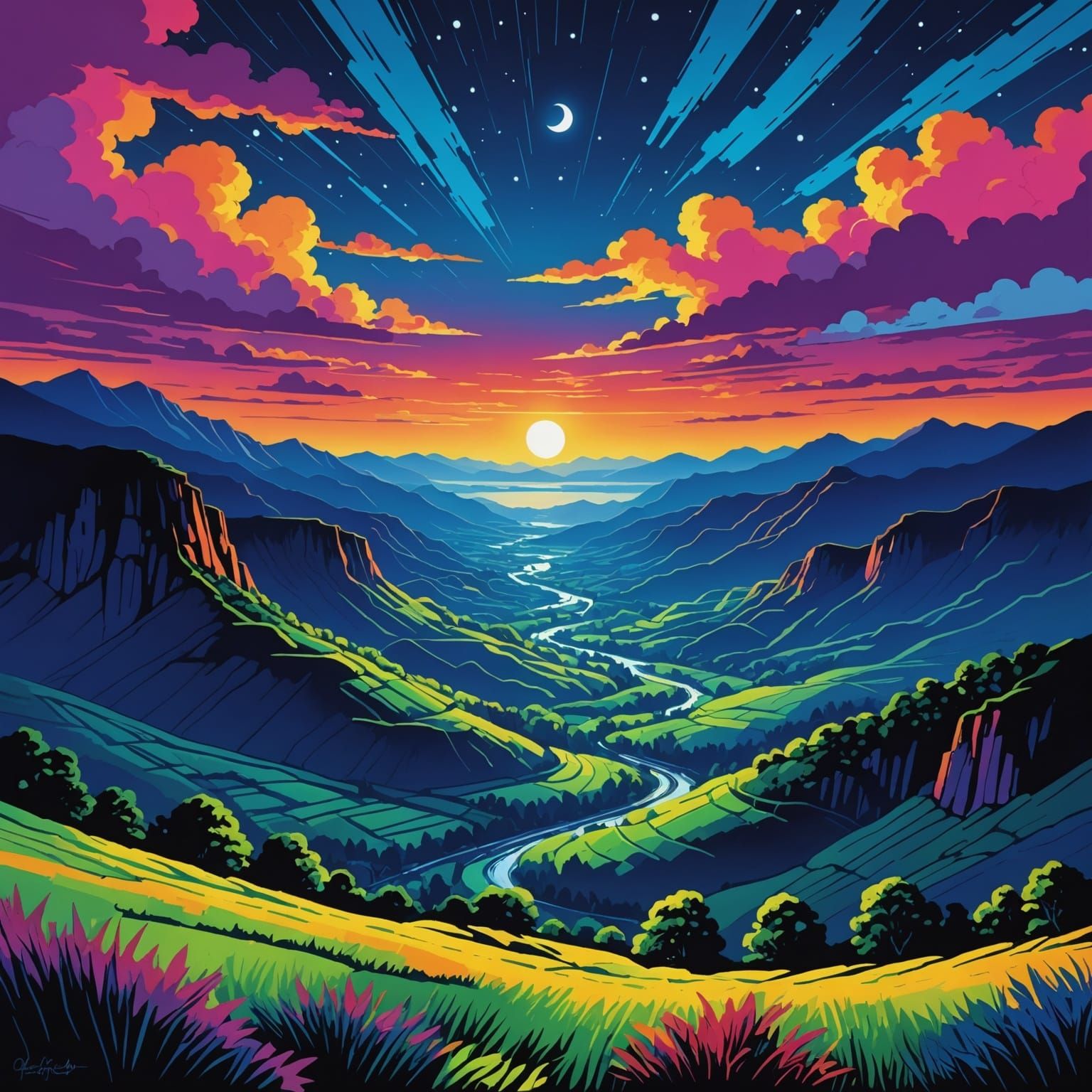 Impressionist Night Sky Over Valley in Vivid Colors