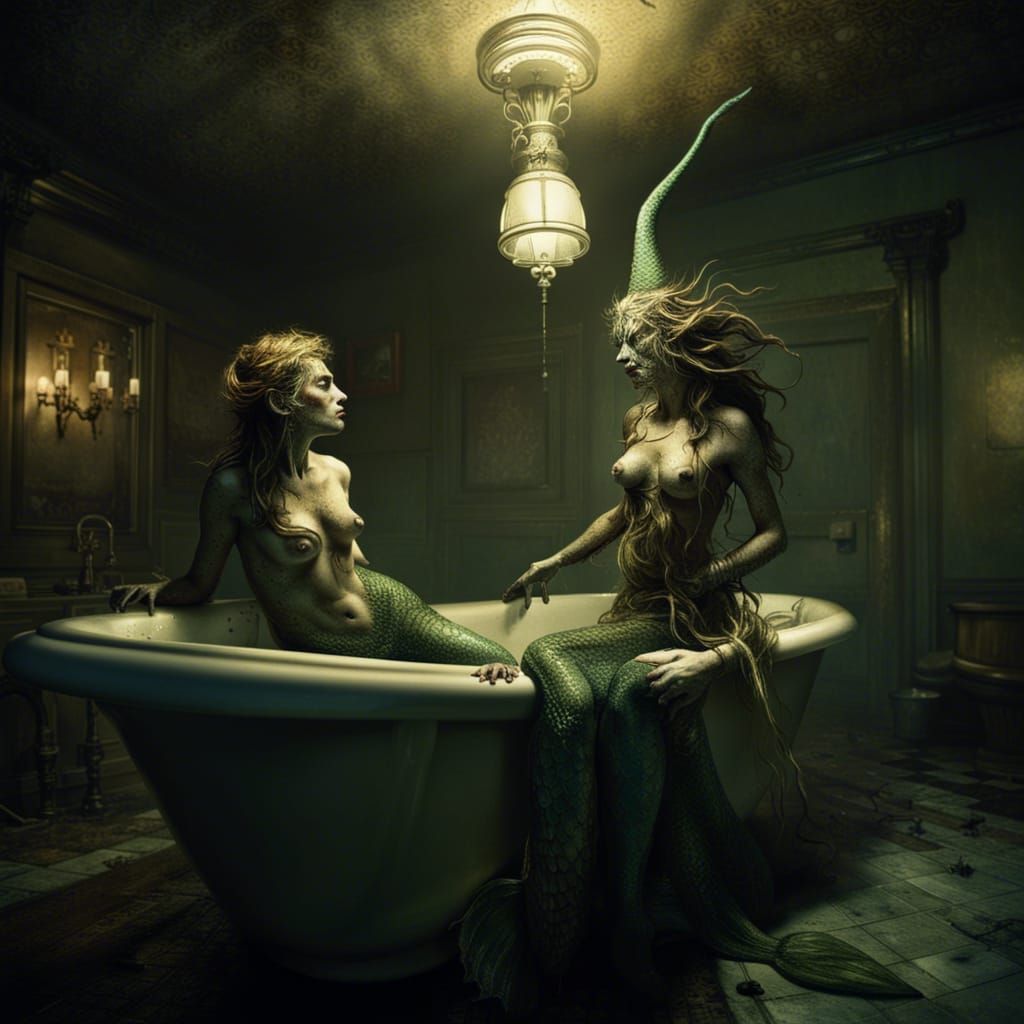 Eerie Mermaids in Post-Apocalyptic Bathroom, Doré Style
