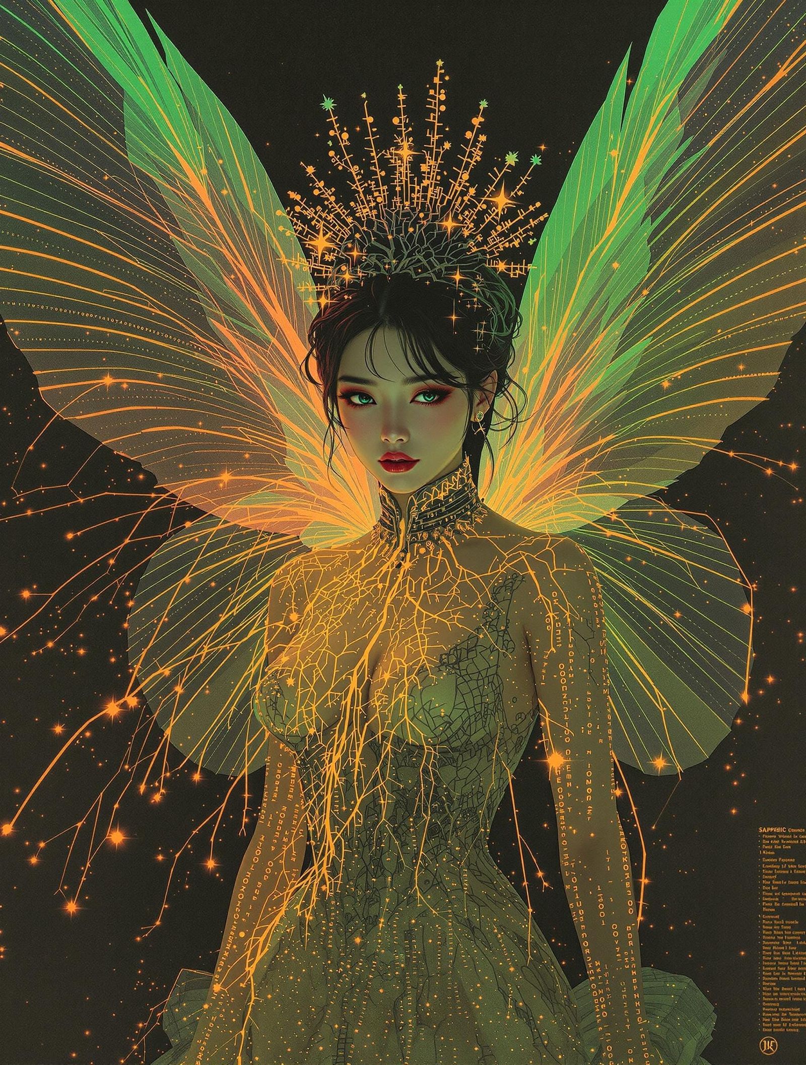 Neon Fairy with Victorian Dress in Photogravure Style