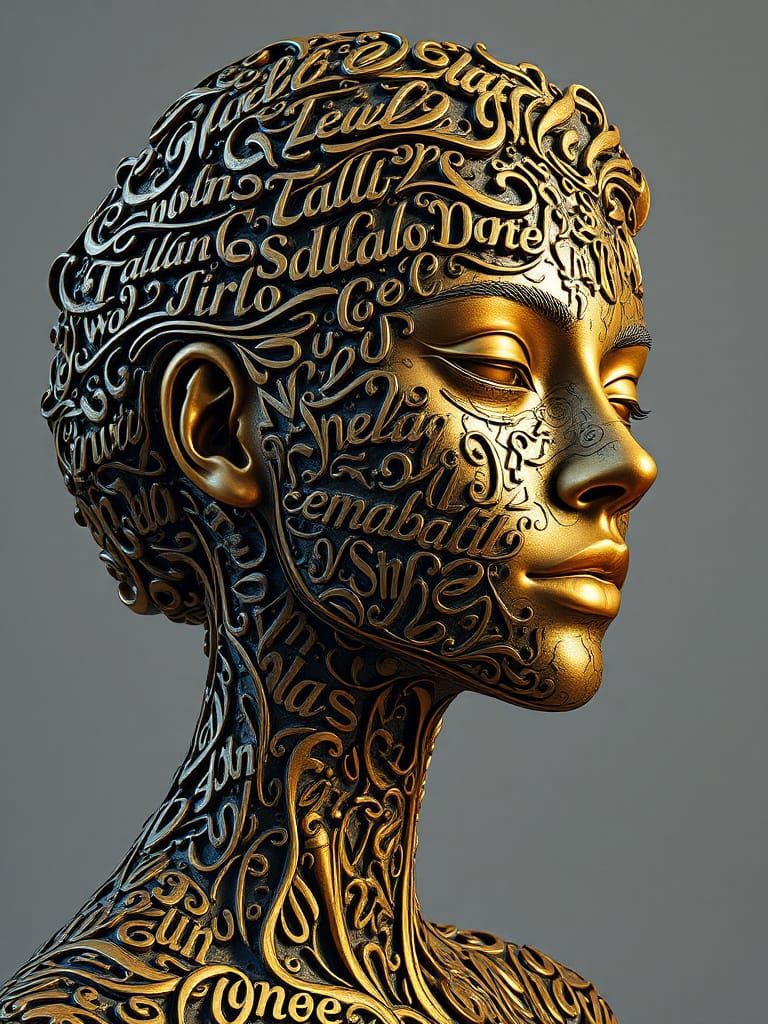 Hyperrealistic Metallic Sculpture of a Woman's Portrait in I...