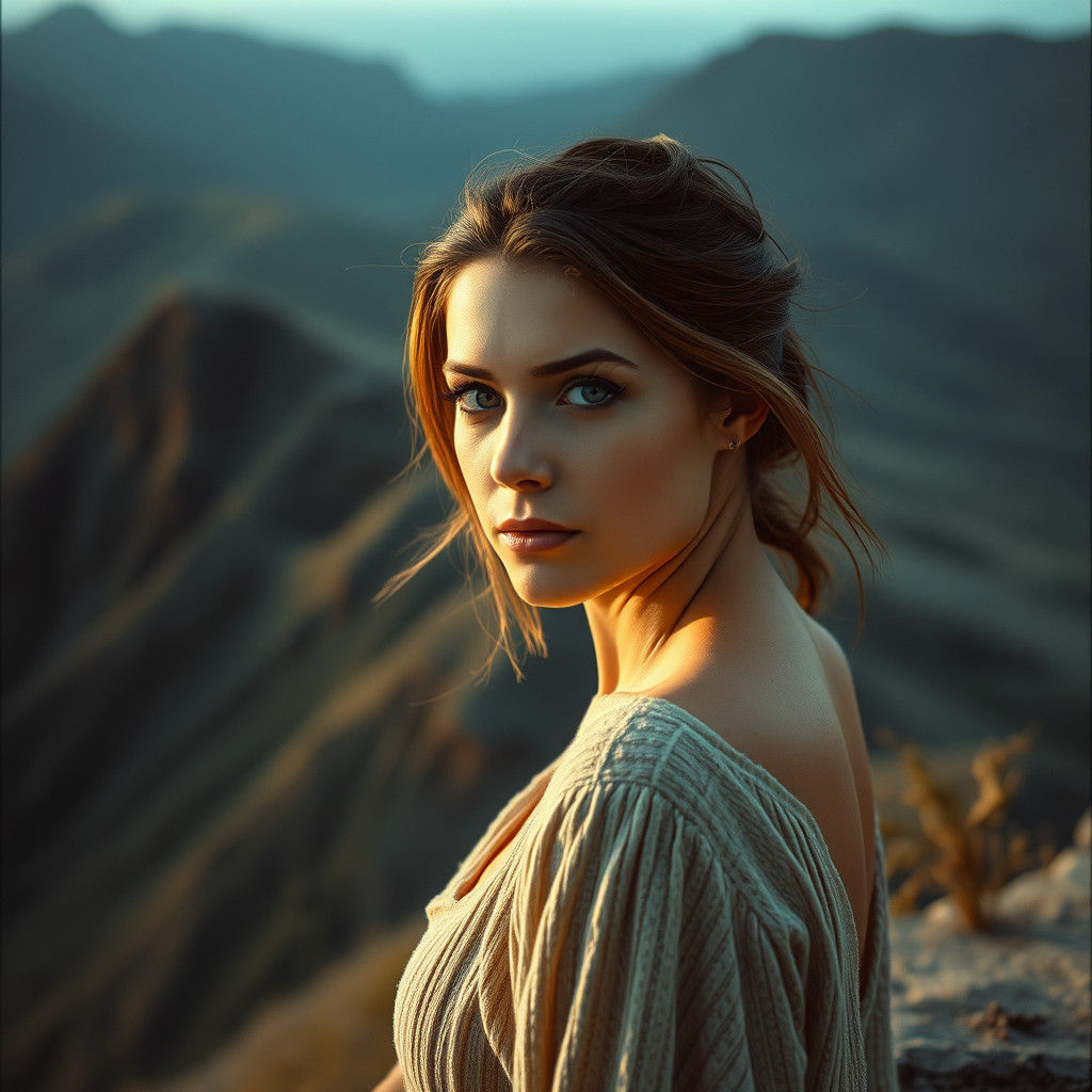 Contemplative Woman in Windswept Landscape