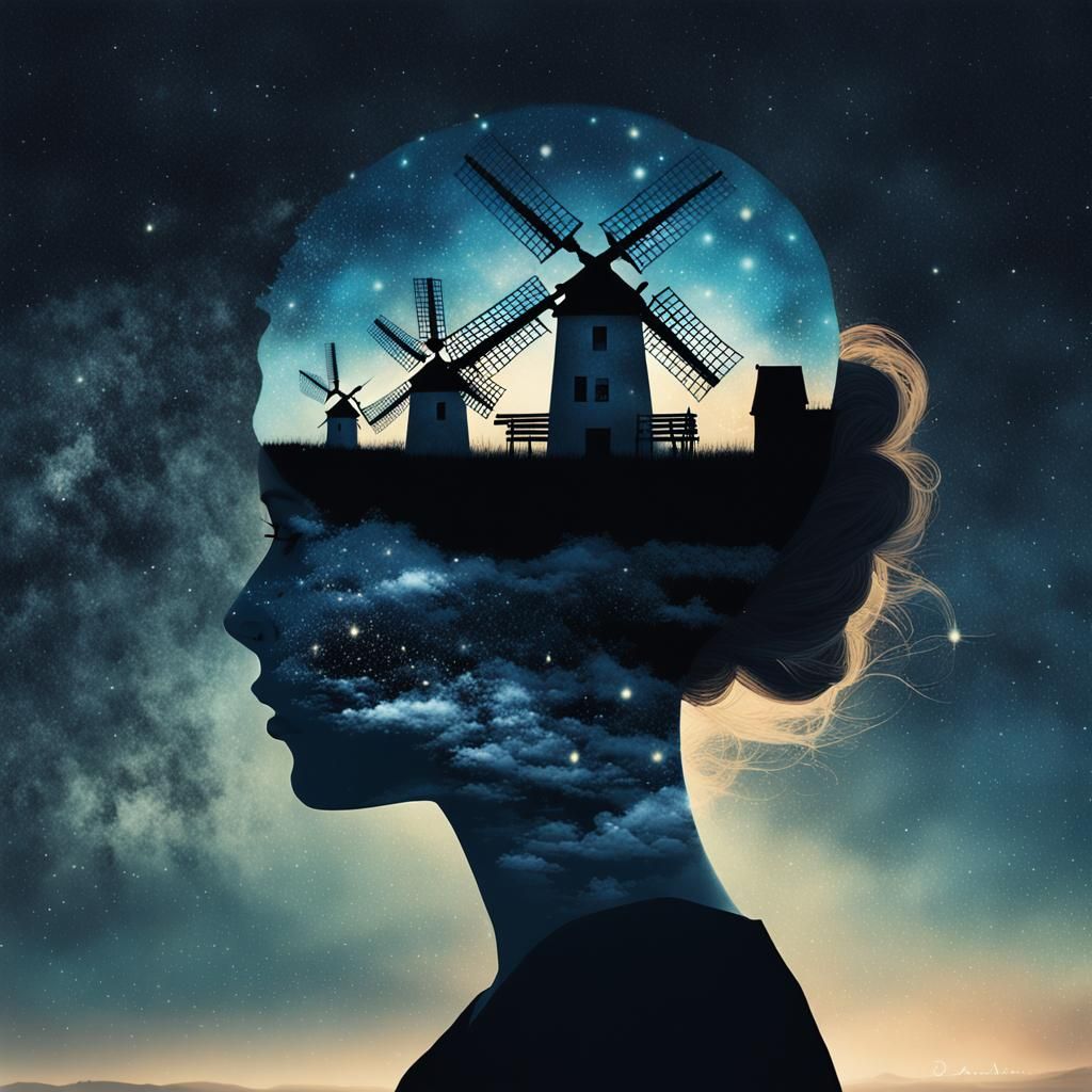 Silhouette Portrait Merged with Night Sky, Double Exposure