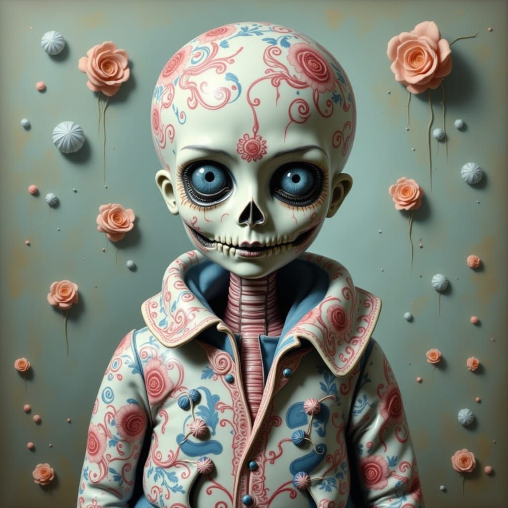 Porcelain Doll with Blue and Pink Roses in Whimsical Style