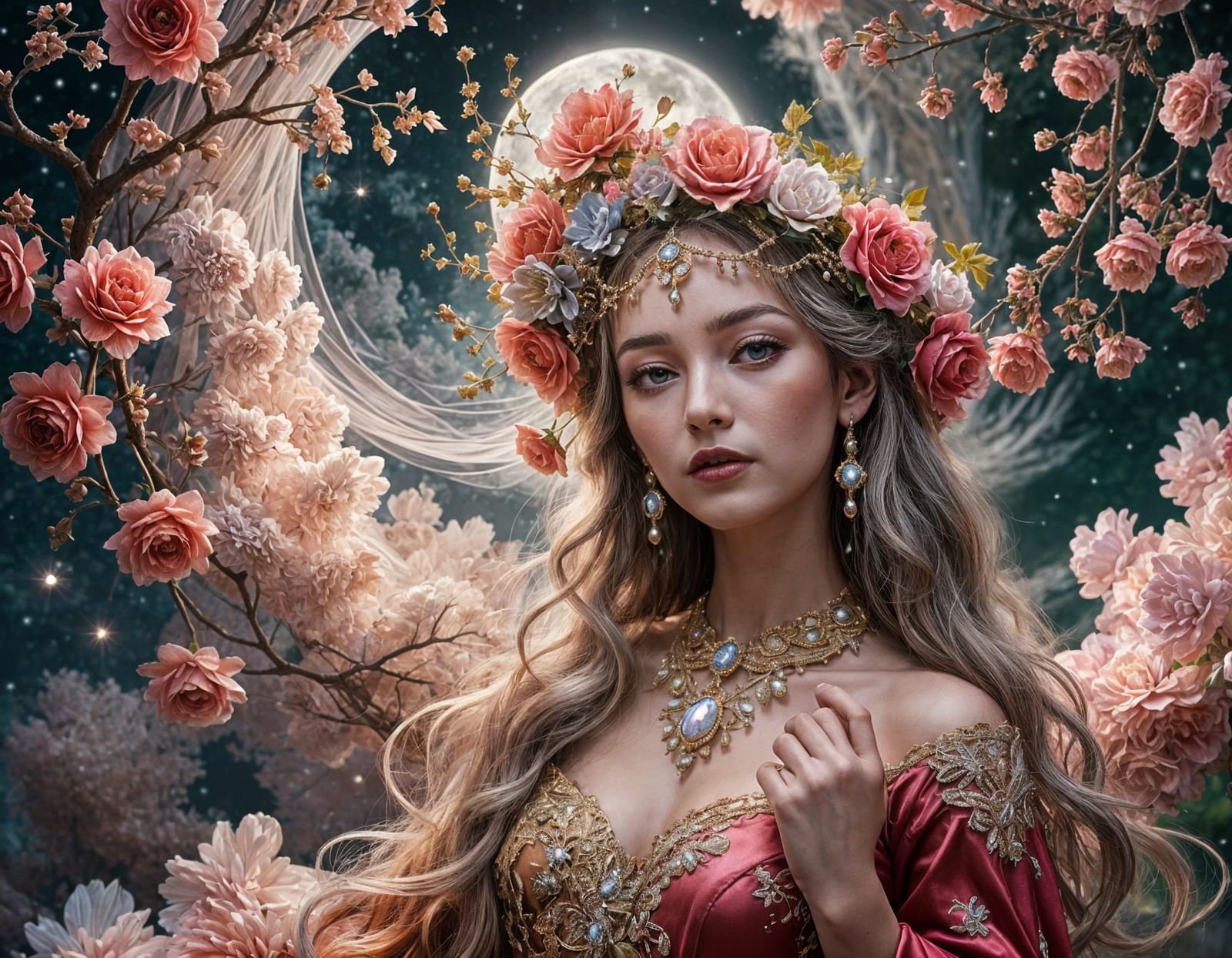 Girl in Red Dress Under Full Moon in Fantasy Style