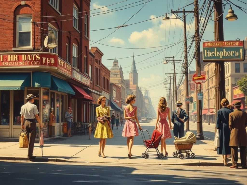 Surreal Mid-Century Street Scene in Warm Golden Light