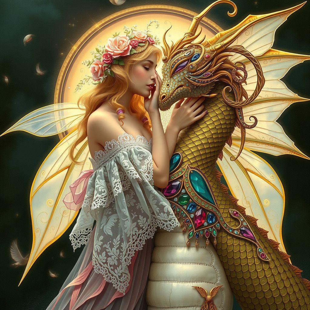 Fairy Kisses Dragon in Opulent Art Nouveau Style