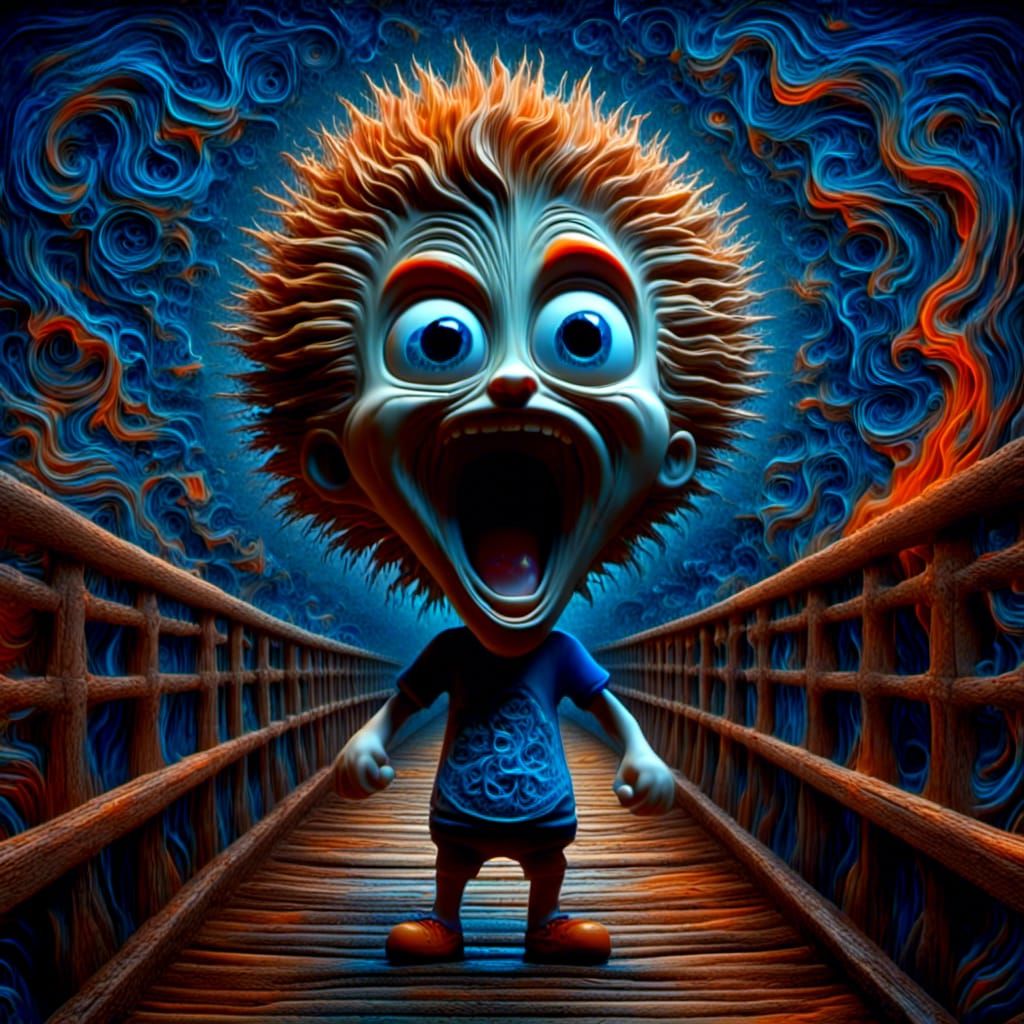 An intensely emotive anthropomorphic screaming boy wearing a...