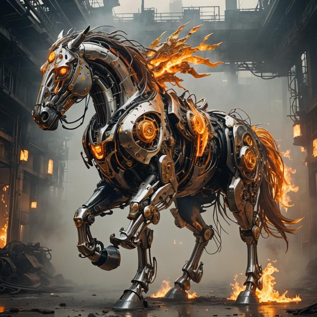 Biomechanical Horse with Flaming Mane in Neo-Futurism
