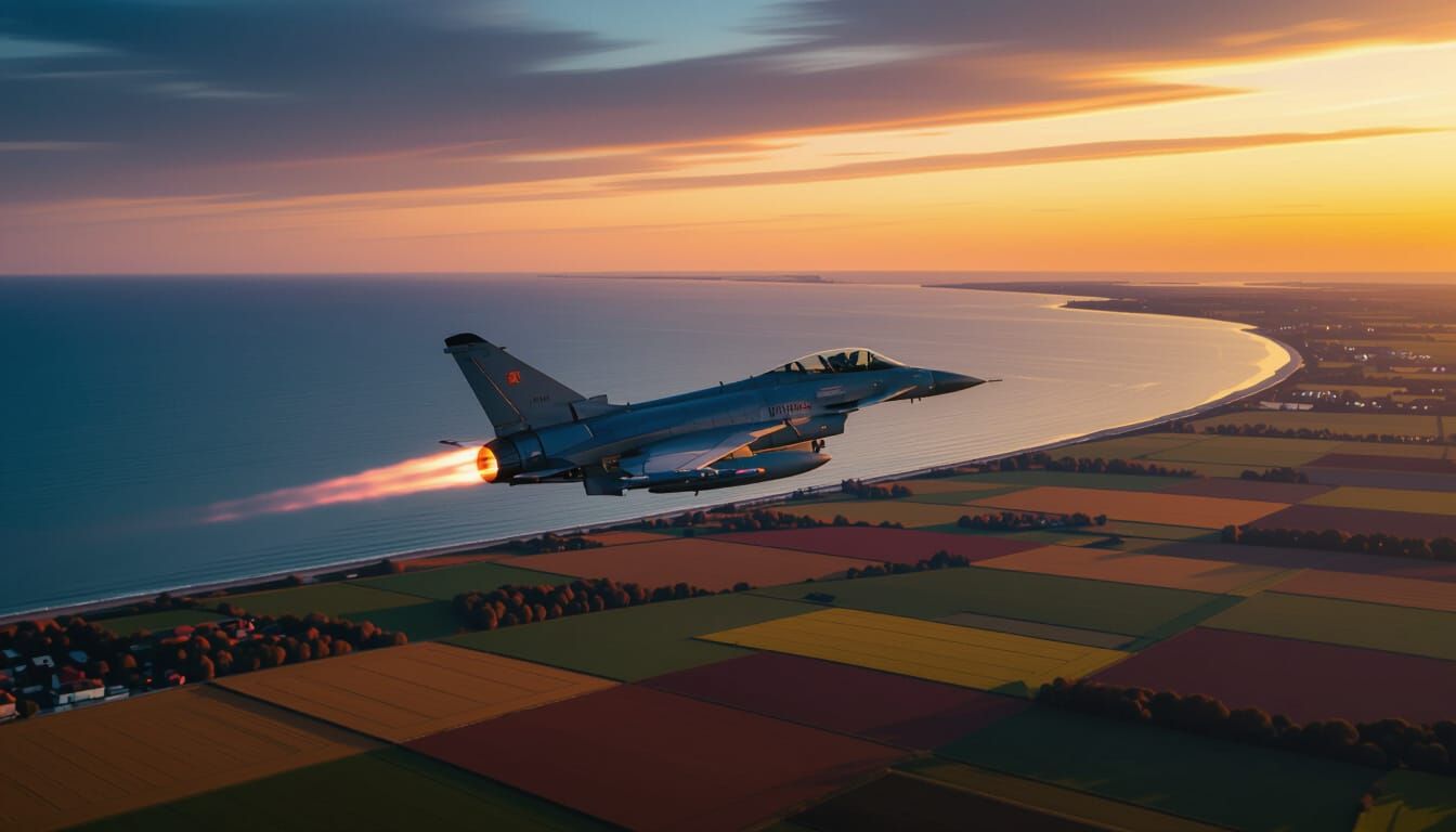 Fighter Jet Exits Skåne at Dusk, Ektachrome Style