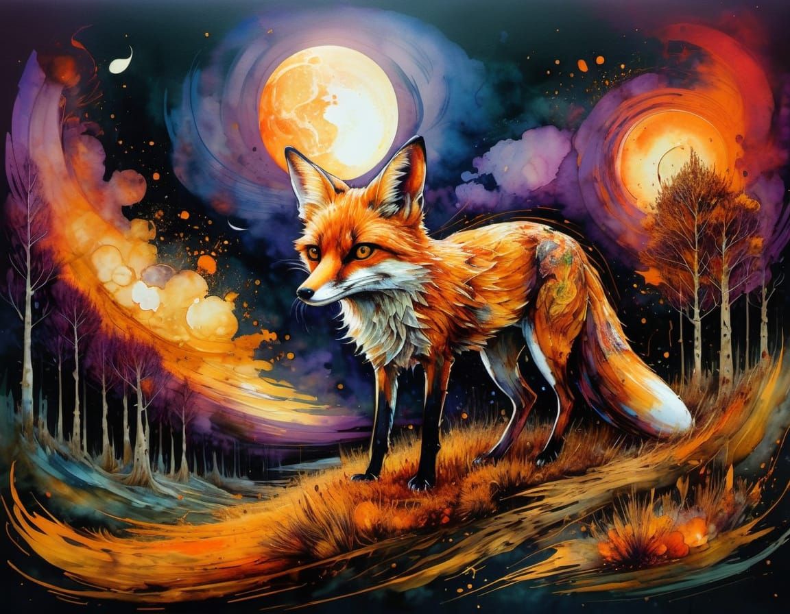 Fox in Twilight Meadow, Watercolour Painting