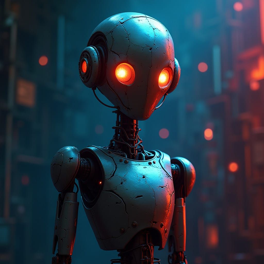 Elegant Metal Robot Under Neon Lights