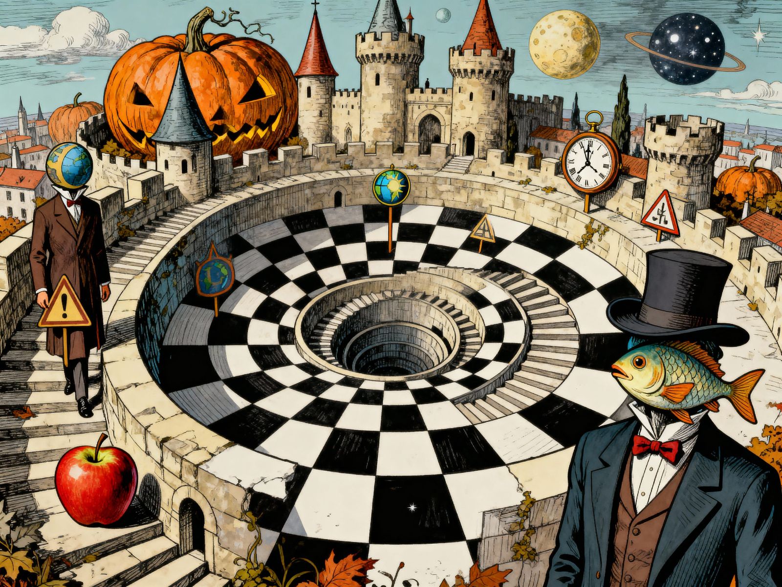 Surreal Castle City Celebration in Escher Magritte Style