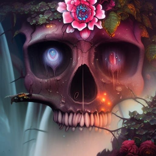 Skull Waterfall with Flowers: Detailed Matte Painting
