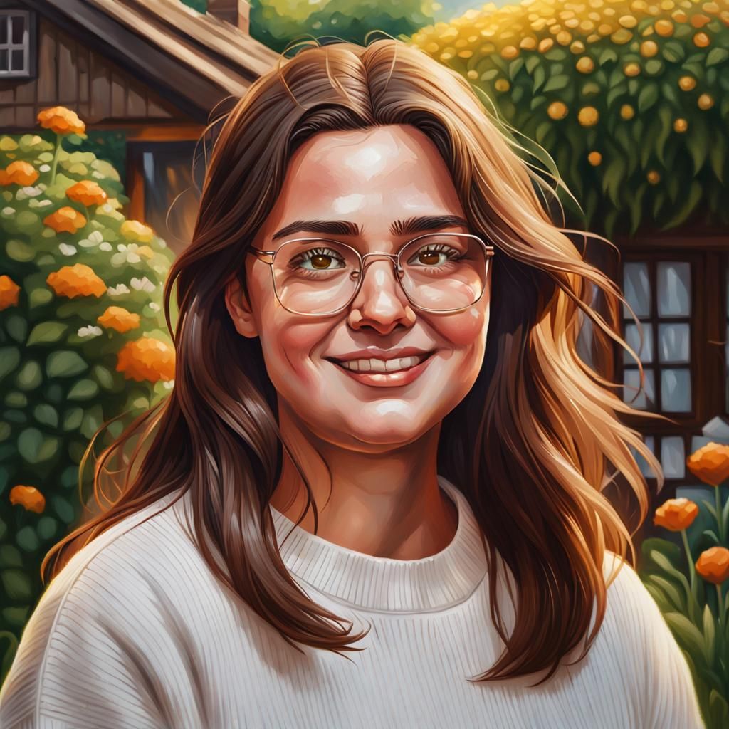 Confident Woman in Garden: Realistic Oil Painting
