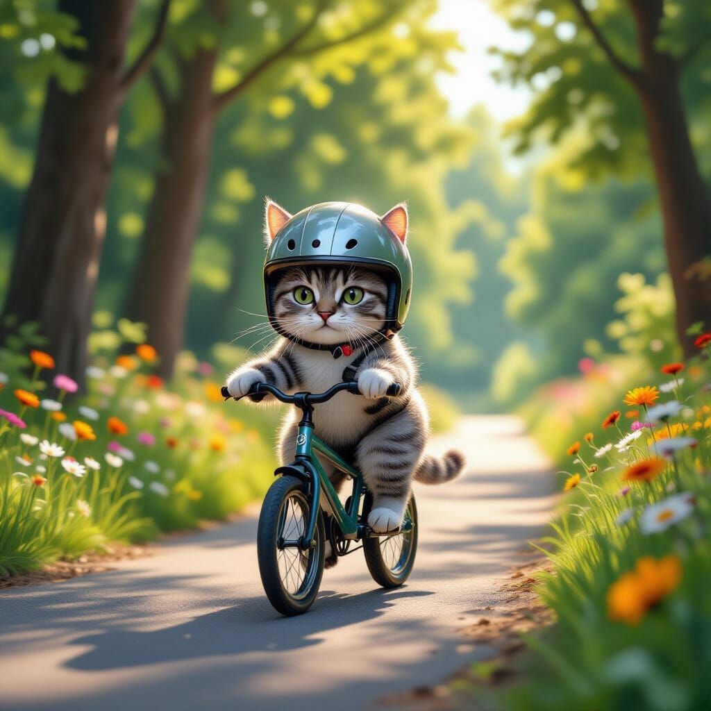 Gray Cat Rides Bicycle in Hyperrealistic Style