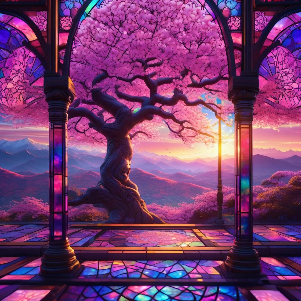 Cherry Blossoms Under Stained-Glass Sky: Fantasy Concept Art