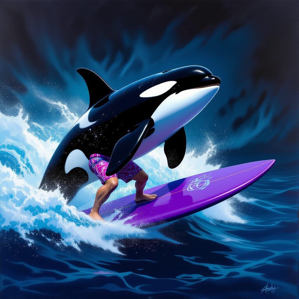 Orca Surfer in Biomechanical Surrealist Style