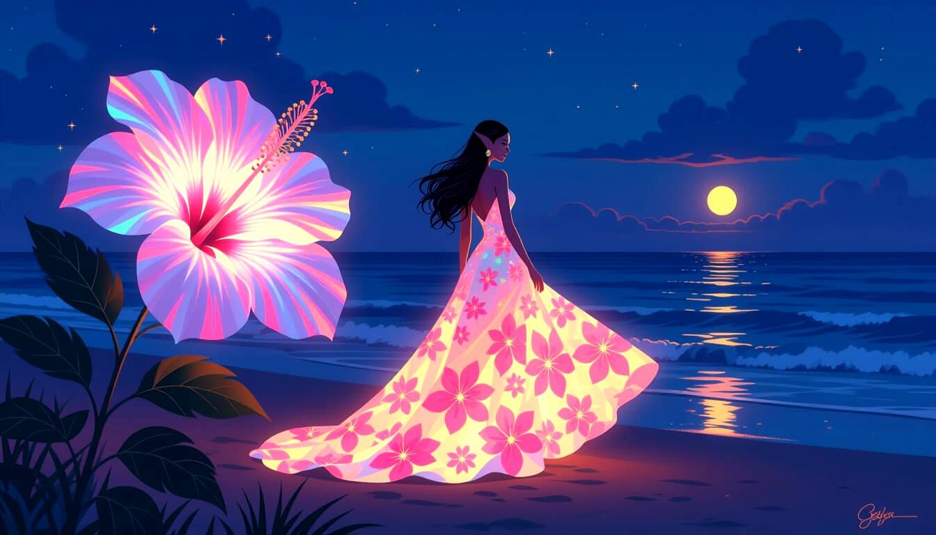 Elven Beauty in Luminous Hibiscus Gown at Twilight