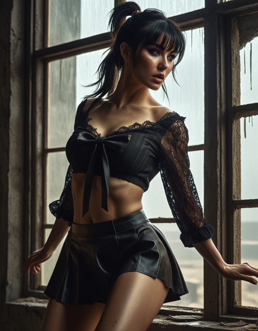 Ethereal Eve Jumps Through a Dystopian Window in a Chiaroscu...