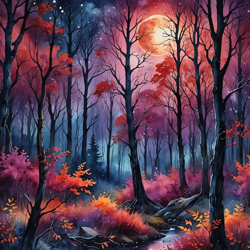 Mystical Forest Under Bloodmoon in Watercolor Style