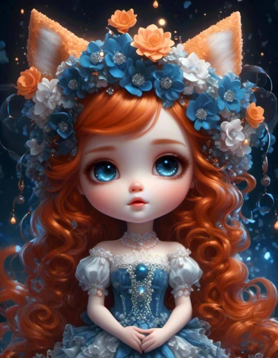 Ginger Chibi Girl with Cat Ears in Cartoon Art