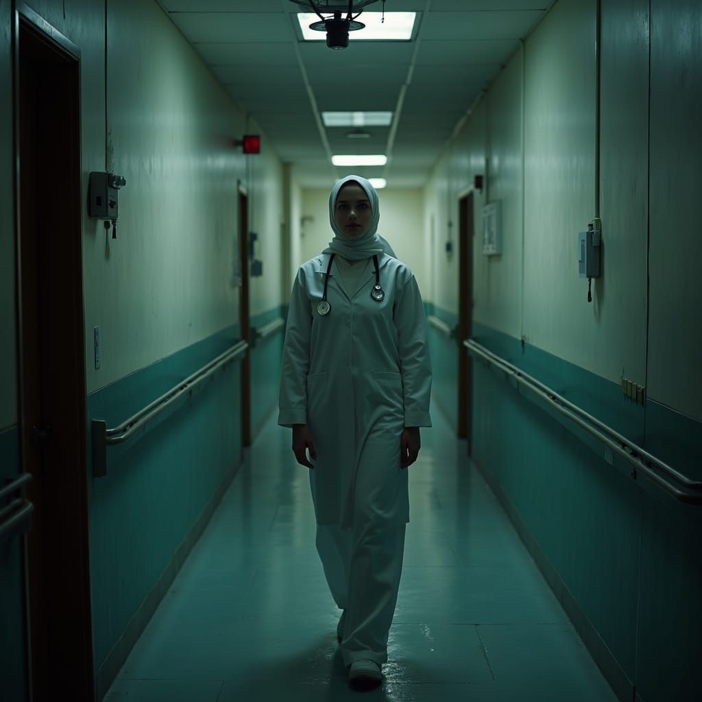 Iraqi Nurse in Abandoned Hospital, Cinematic Horror
