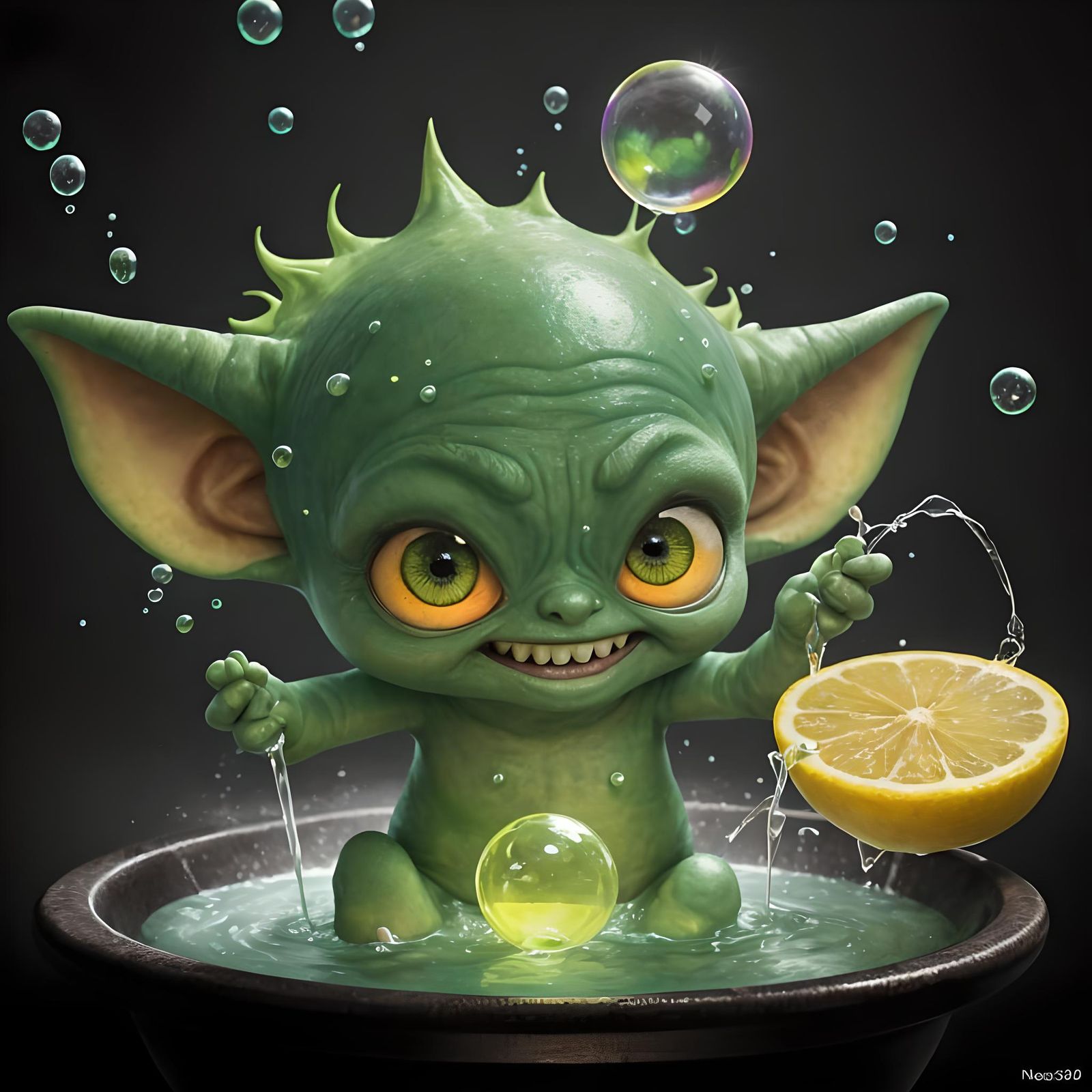 Baby Goblin Plays in Soapy Water: 3D Render