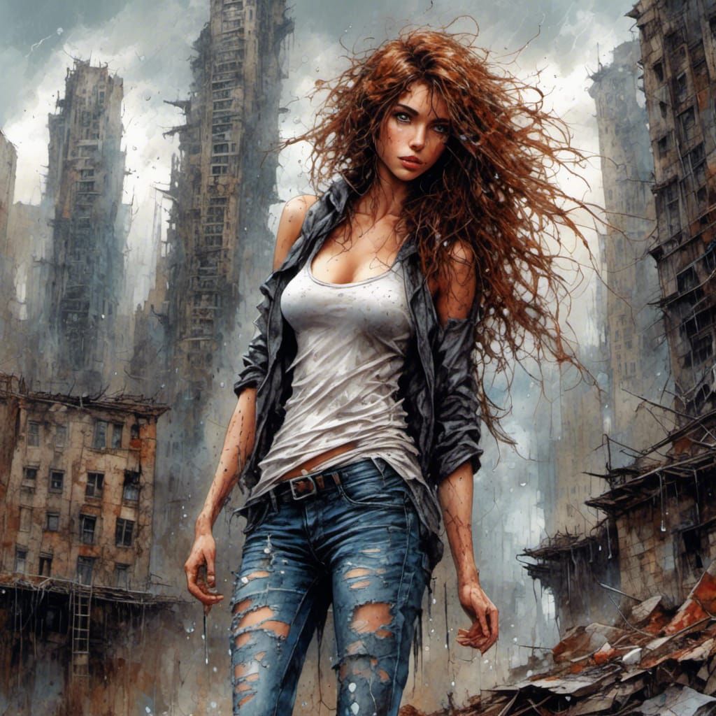Rainy Cityscape Portrait of Woman with Untamed Hair