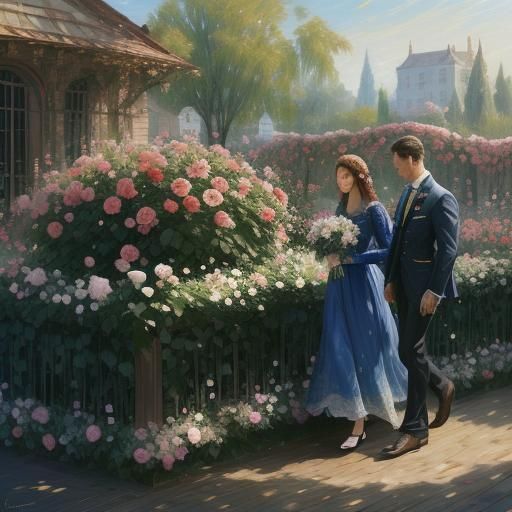 Wonderful space of rose bushes in a garden where a man gives a rose to a woman 8k resolution concept art hyperdetailed i...