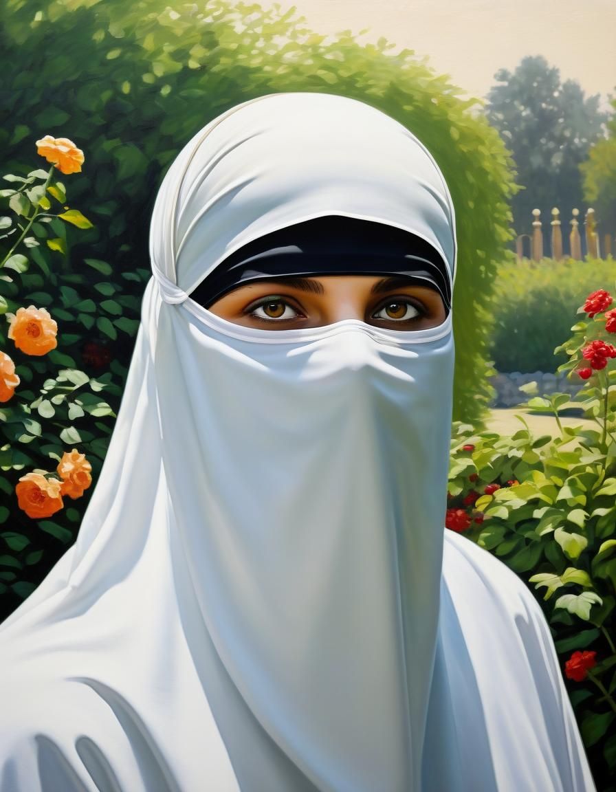 Niqabi Portrait in Garden as Oil Painting