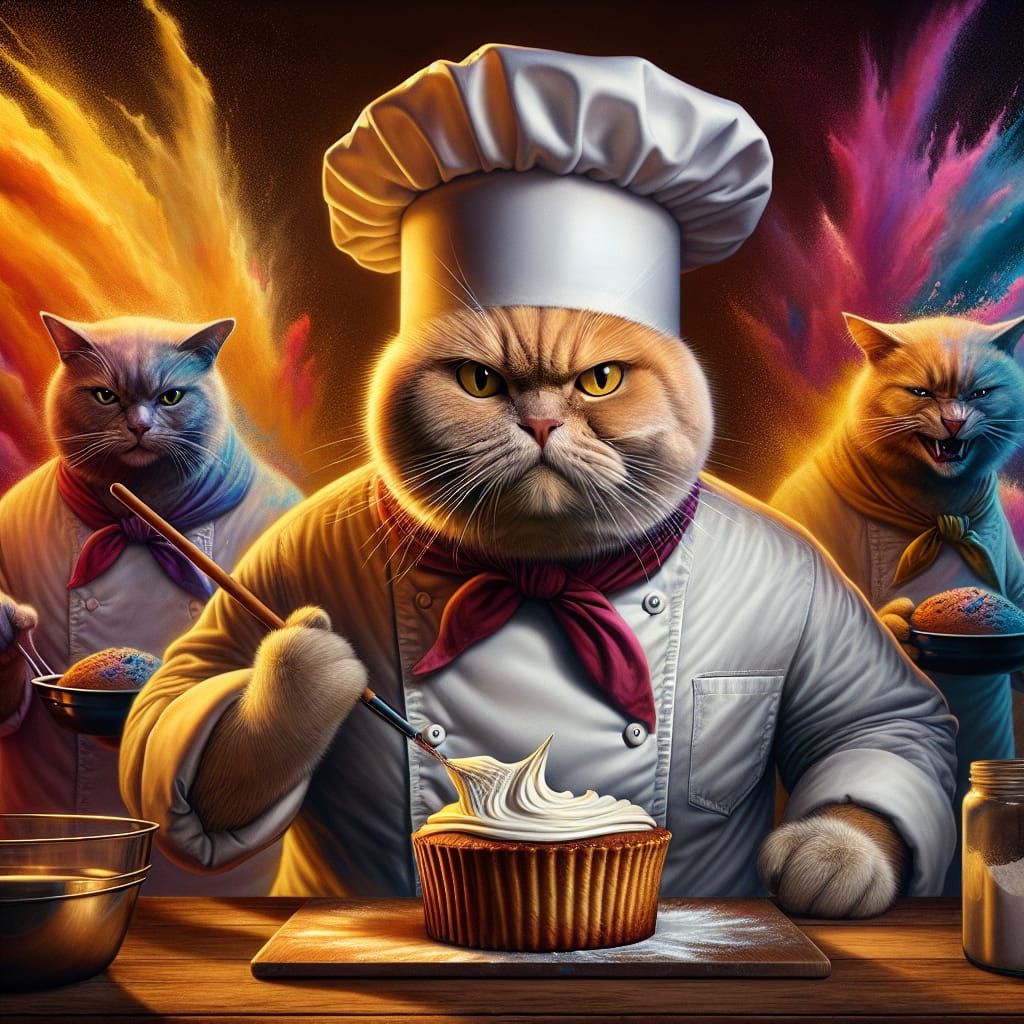 Grumpy Chef Cat Baking Cake in Ultra-Realistic Style