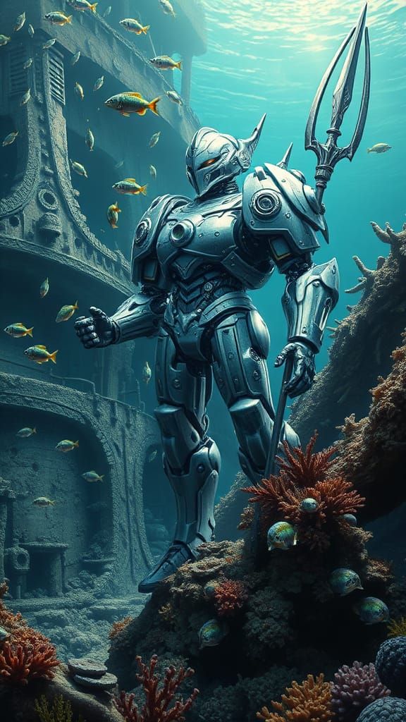 Cyberpunk Aquatic Mech Knight in Oceanic Ruins