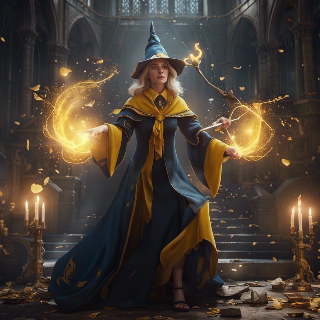 Hufflepuff Female Wizard Casting Spell in Detailed Matte Pai...