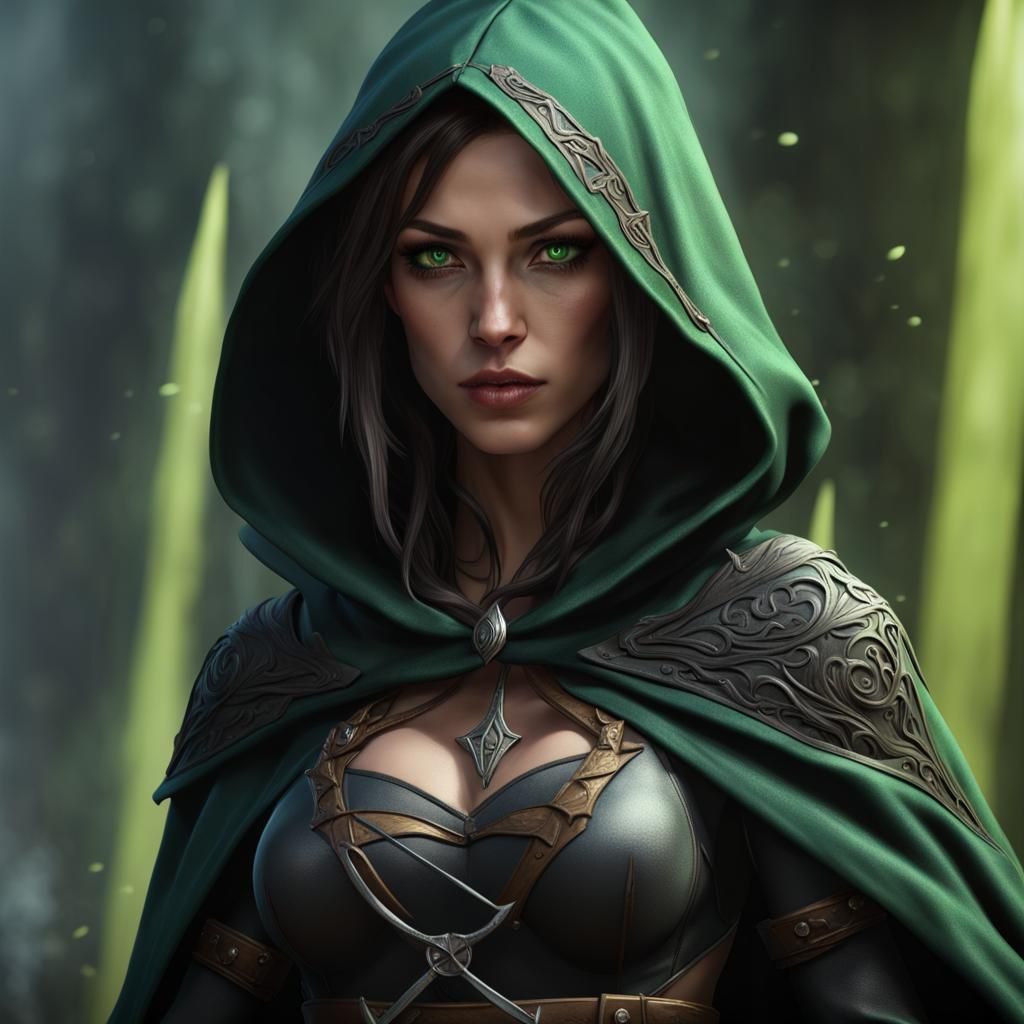 Fantasy Female Rogue with Daggers in Dark Colors
