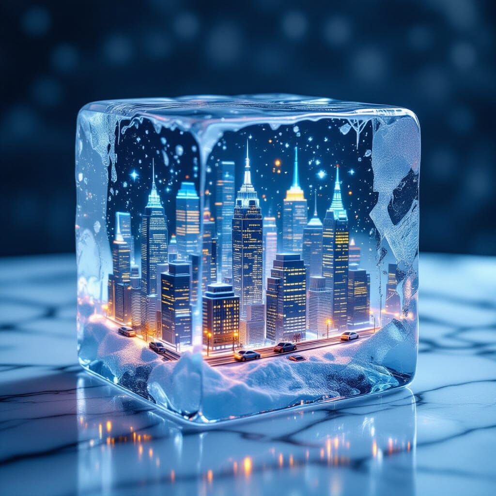 Frozen Cityscape Encased in Ice Block, Hyper-Realistic Style