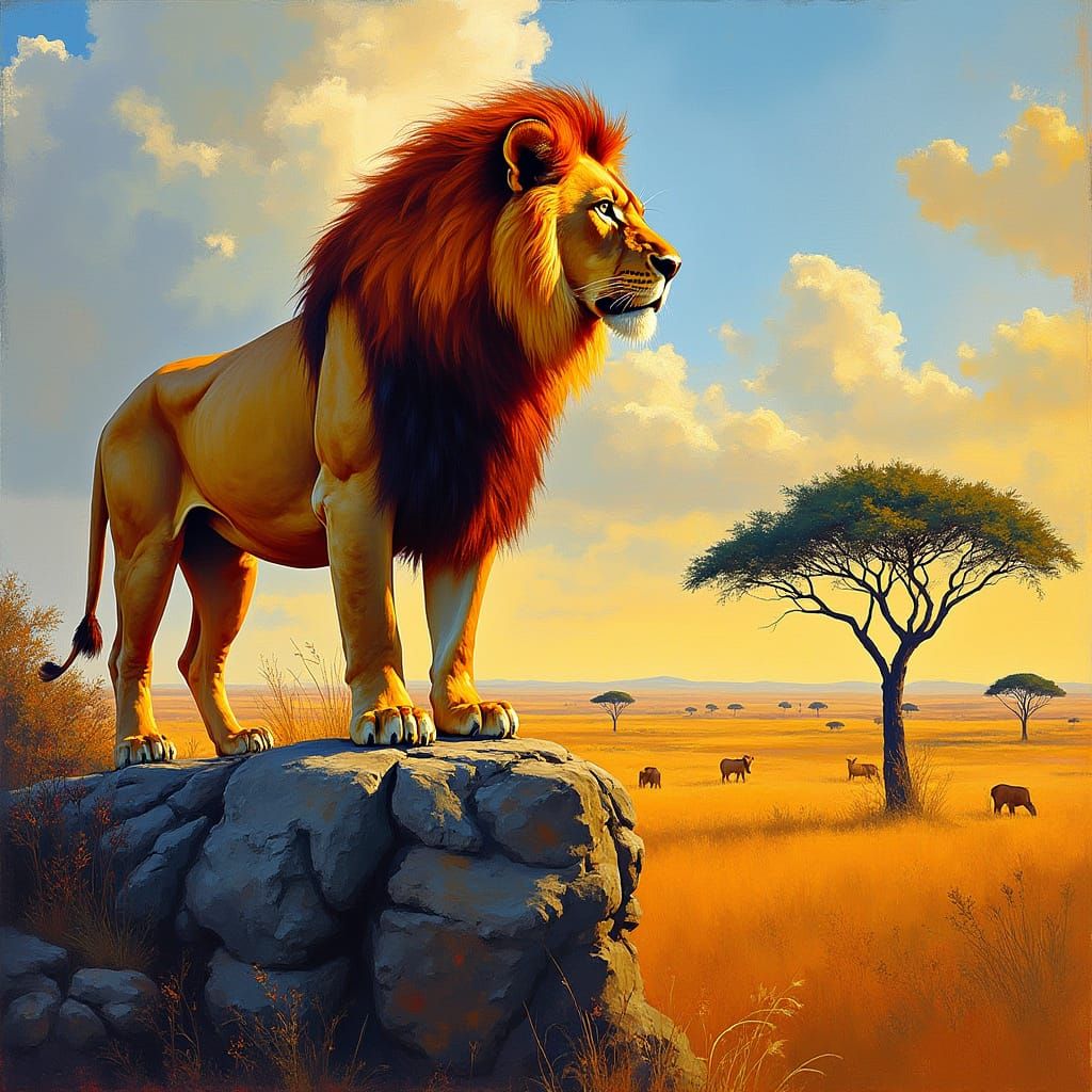 Lion with Fiery Mane in Post-Impressionistic Style