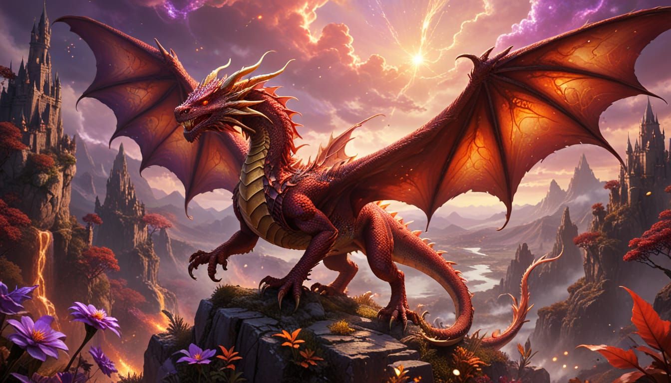 Red Dragon Soaring Through Magical Landscape